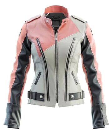womens-peach-pink-and-black-leather-biker-jacket
